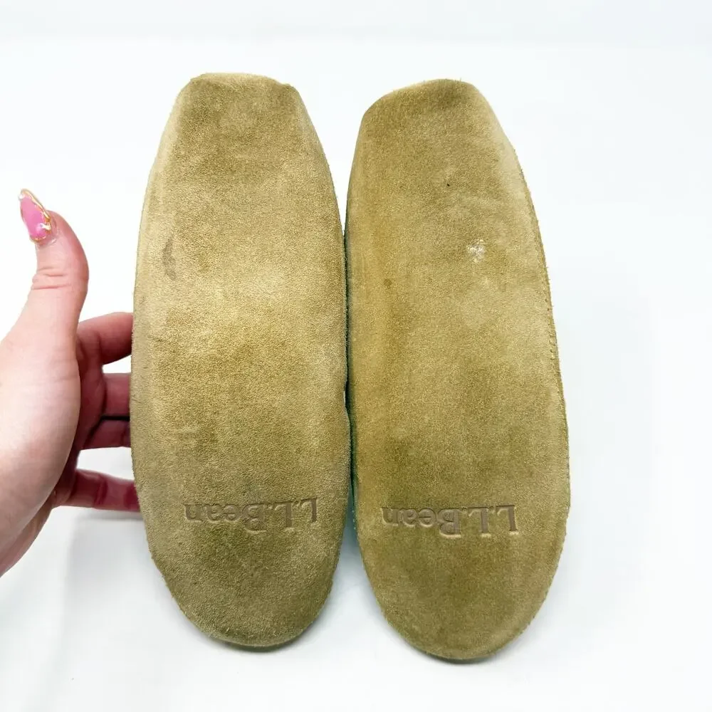 LL Bean Tan Suede Shearling Moccasin Slippers Kids Size 2 EUC Tie Bow Detail